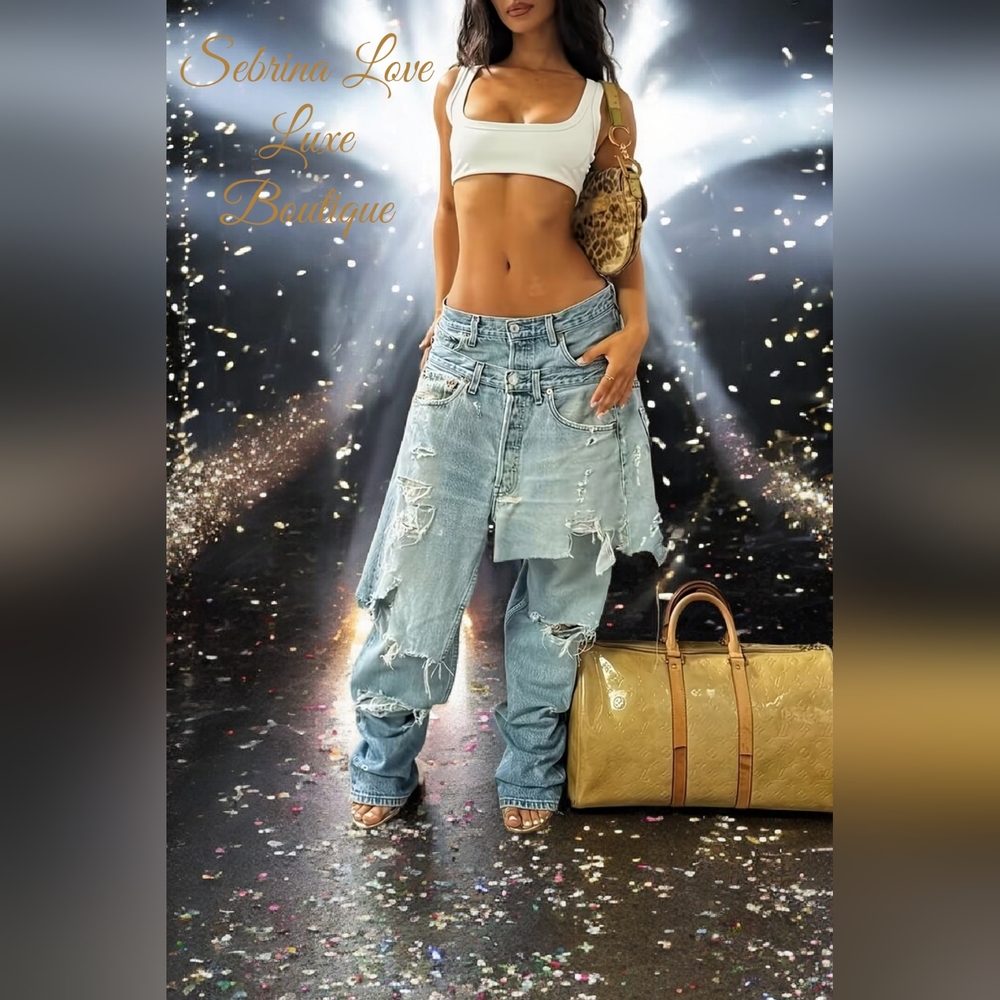 Hybrid Distressed Destroyed Ripped Asymmetrical Skirt Overlay Boyfriend Jeans